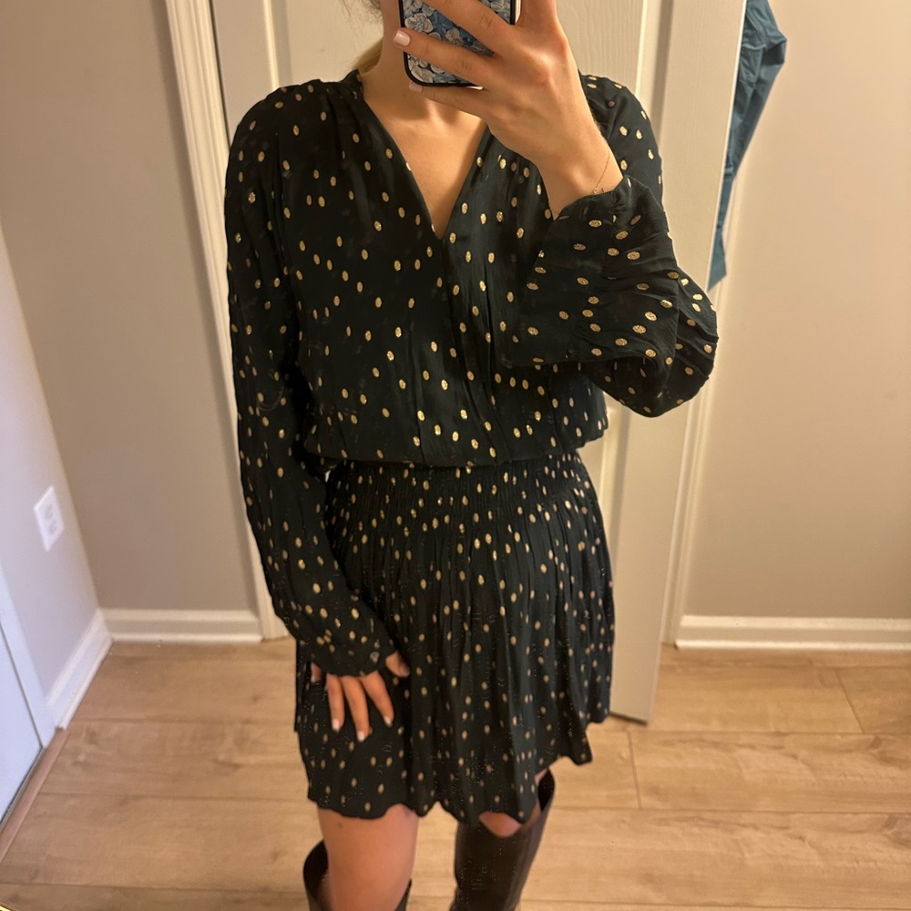 Velvet by Graham & Spencer - Deep Green and Gold Polka Dot Dress